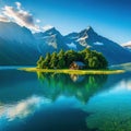 A small cabin sits calmly in the middle of a lake