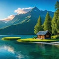 A small cabin sits calmly in the middle of a lake
