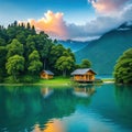 A small cabin sits calmly in the middle of a lake