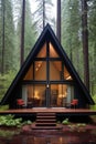 A small cabin sits in the middle of a forest, AI Royalty Free Stock Photo