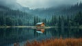 A small cabin sits on a serene lake surrounded by a misty forest Royalty Free Stock Photo
