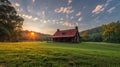 A small cabin sitting in a field with the sun setting behind it, AI