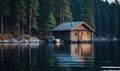 A Cozy Cabin Retreat on a Serene Lake Surrounded by Majestic Forest Royalty Free Stock Photo