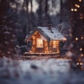 A small cabin in the snow with lights, AI