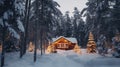 Small Cabin in Snowy Forest, A Serene Winter Hideaway Amidst Natures Beauty Royalty Free Stock Photo