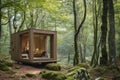 A small cabin surrounded by dense trees in the middle of a lush forest, Micro-house in a secluded forest, AI Generated