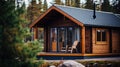 A small cabin with a wooden deck and chair, AI