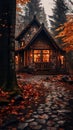 a small cabin in the woods with autumn leaves on the ground Royalty Free Stock Photo