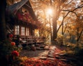 a small cabin in the woods with autumn leaves on the ground Royalty Free Stock Photo