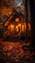 a small cabin in the woods with lights on