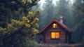 A small cabin in the woods with a lit window, AI Royalty Free Stock Photo