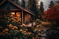 a small cabin in the woods at night