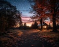 a small cabin in the woods at night with stars in the sky Royalty Free Stock Photo