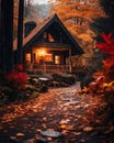 a small cabin in the woods surrounded by autumn leaves Royalty Free Stock Photo