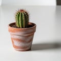 A small cactus in a terracotta pot with a marbled orange and white pattern sits on a plain white Royalty Free Stock Photo