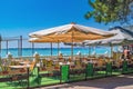 Small cafe at seafront of Gelendzhik resort in sunny day on Black sea coast, Gelendzhik, Russia