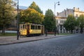 Small cafe in the yellow tram. The tram monument in memory of the tram movement in the town from 1912 to 1957. Vyborg, Russia