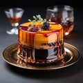 Small Cake on Gold Plate on Table Royalty Free Stock Photo