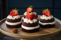 Small cakes topped with chocolate frosting and strawberries, complimentary Royalty Free Stock Photo