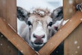 Small calf peeks out behind the fence. Young cow on the farm in winter.