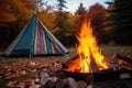 small campfire burning in front of a colorful tent