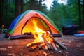 small campfire burning in front of a colorful tent