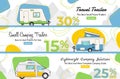 Small camping trailers landing page set vector flat illustration vehicle rent or sale