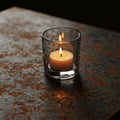 A small candle with a bright flame is placed inside a clear glass holder. The glass has Royalty Free Stock Photo