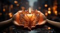 A small candle holding by human hands like heart Royalty Free Stock Photo