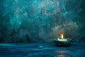 A small candle lights up its own shade on a blue background Royalty Free Stock Photo