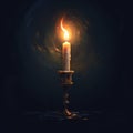 A small candle on candle stand burning brightly in the darkness generative AI