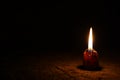 A small candle in a very dark room on the old boards