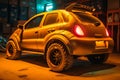 Small car monster truck in night garage. Generate Ai Royalty Free Stock Photo