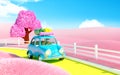 Small car in pink field Royalty Free Stock Photo