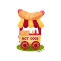 Small carnival cart with hot dogs. Vending trolley. Fast food. Circus and amusement park theme. Flat vector design Royalty Free Stock Photo