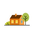 Small cartoon orange house with trees, isolated vector illustration