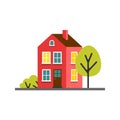 Small cartoon red magenta house with trees, isolated vector illustration Royalty Free Stock Photo