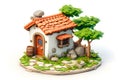 A small cartoon-style cottage with an orange tiled roof, surrounded by trees, rocks, and a barrel Royalty Free Stock Photo
