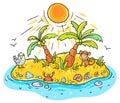 Small cartoon tropical island with palms and animals Royalty Free Stock Photo