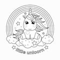 Small, cartoon unicorn. Black and white vector illustration for coloring book.