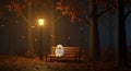 A small, cartoonish ghost sits on a wooden bench in a forest at night. The scene