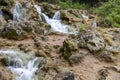 Small cascades of waterfalls on a mountain stream in the spring. Parod River. Israel Royalty Free Stock Photo