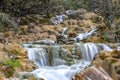 Small cascades of waterfalls on a mountain stream in the spring. Parod River. Israel