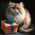 A small cat with a gold gift with a blue bow. Gifts as a day symbol of present and Royalty Free Stock Photo