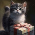 A small cat with a gold gift with a bow. Gifts as a day symbol of present and Royalty Free Stock Photo