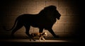 Small Cat Walking in Front of a Large Lion Shadow on a Brick Wall kitten silhouette Royalty Free Stock Photo