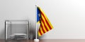 Catalonia flag next to a glass ballot box on wooden surface. 3d illustration Royalty Free Stock Photo