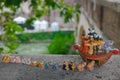 Small ceramic figurine reenact animals lining up in pairs to enter Noah's Ark. Royalty Free Stock Photo