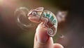 A small chamelon lizard is sitting on a finger, AI Royalty Free Stock Photo