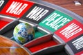 Small chance for peace, inevitability of war concept. Earth as ball of casino roulette on zero Royalty Free Stock Photo